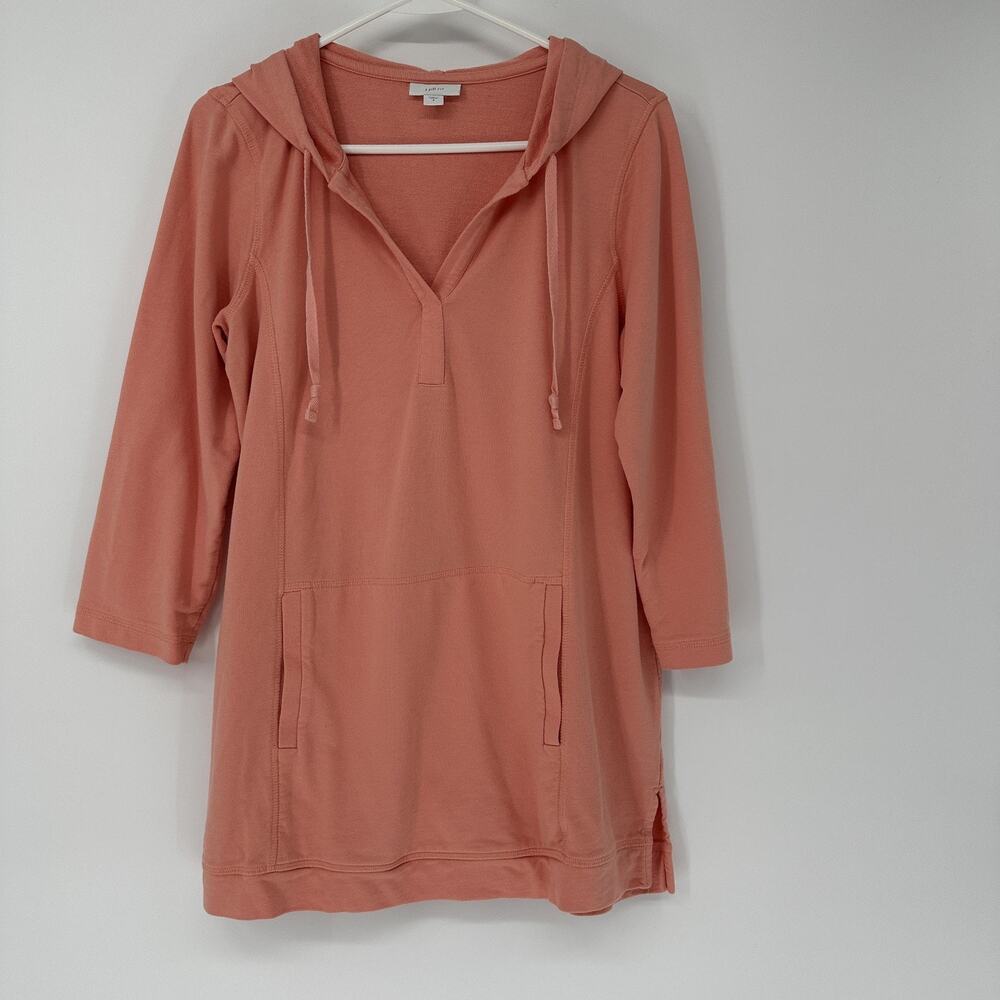 J Jill Fit Hoodie Womens Small Coral Cotton Tencel Tunic V Neck Pullover Pockets